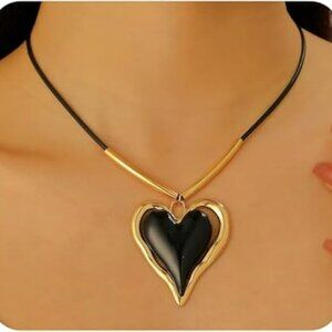 Y2k Heart Necklace Leather Rope Chain Chunky Big Love Pendant Mothers Day